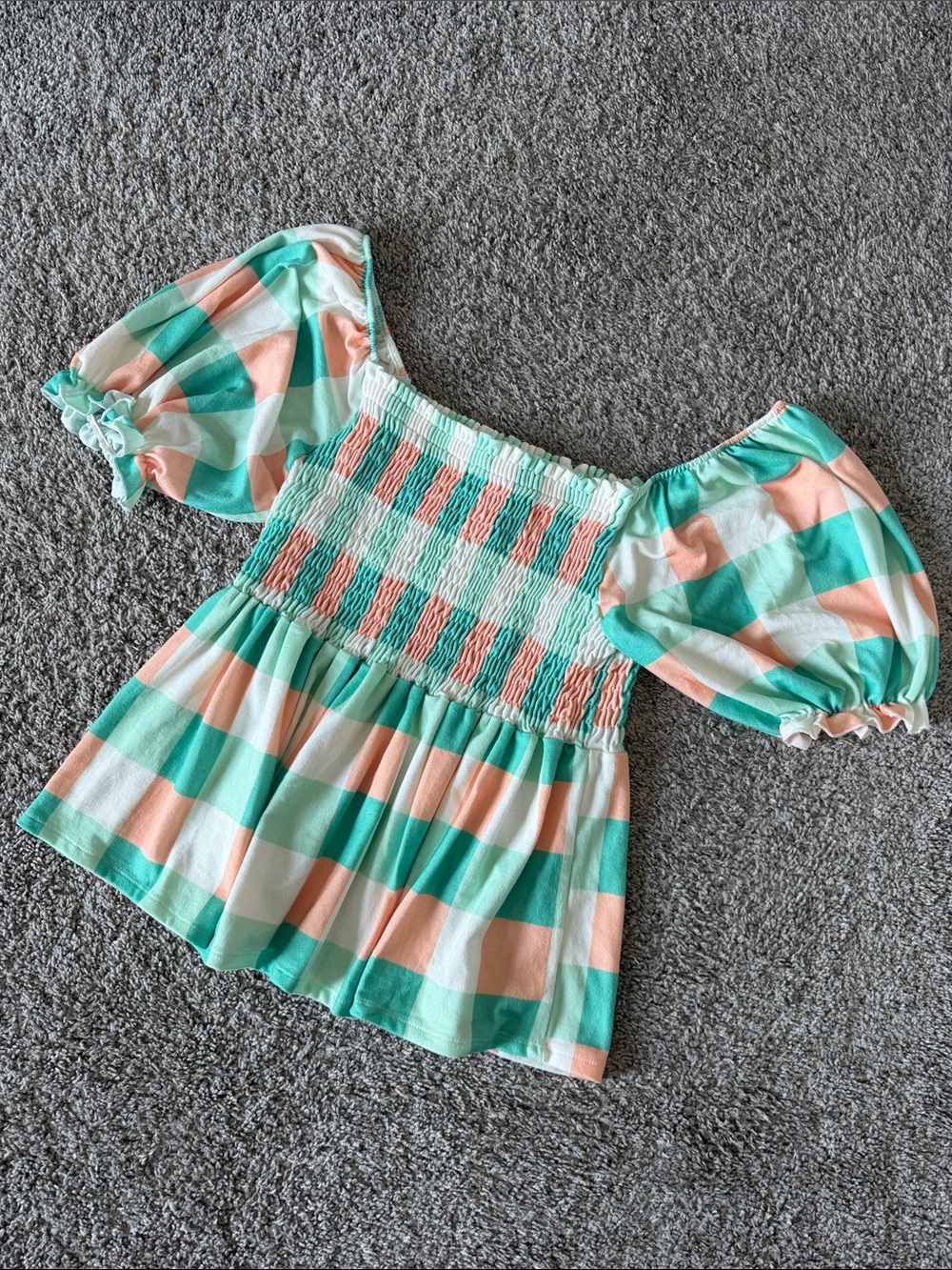 BiBi Mint and Peach Check Off-Shoulder Smocked Peasant Top